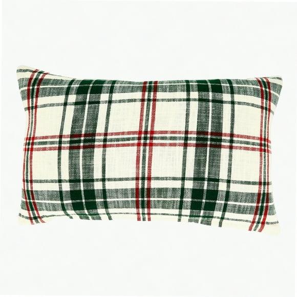 Plush Comfort Down Throw Pillow - White/Green Plaid Design - 13"x20" - Cozy Home Decor Accent - Soft Cushion for Sofa or Bed - Stylish Lumbar Pillow