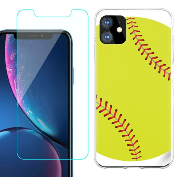 For Apple iPhone 11 Case , Slim-Fit TPU Protective Phone Case with Tempered Glass Screen Protector, by OneToughShield ® - Softball Green