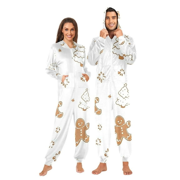 Gingerbread Men and Christmas Adult onesie Pajamas, Crystal Velvet Ultra Soft Warm Jumpsuit for Men and Women