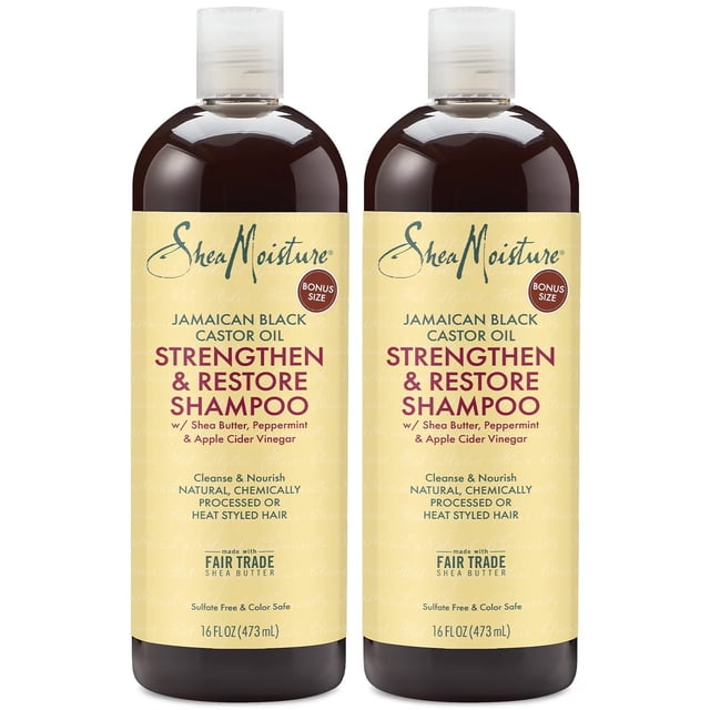 shampoo sheamoisture aceite de ricino negro jamaicano 480 ml (paquete de 2) dos botellas frontales ámbar con etiquetas crema y texto morado que indican shampoo fortalecedor y restaurador; tapas blancas, cada botella de 480 ml según el título, sin sulfatos y apto para cabello teñido según especificación, indicado para cabello natural, procesado o peinado con calor; a menudo se usa como surtido para viajes por el paquete doble.