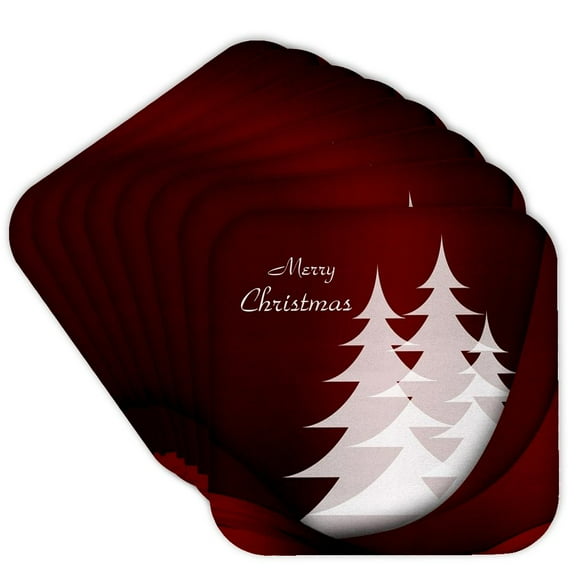 3drose, Image of Elegant White Christmas Trees on Red, Set of 8 Coasters - Soft