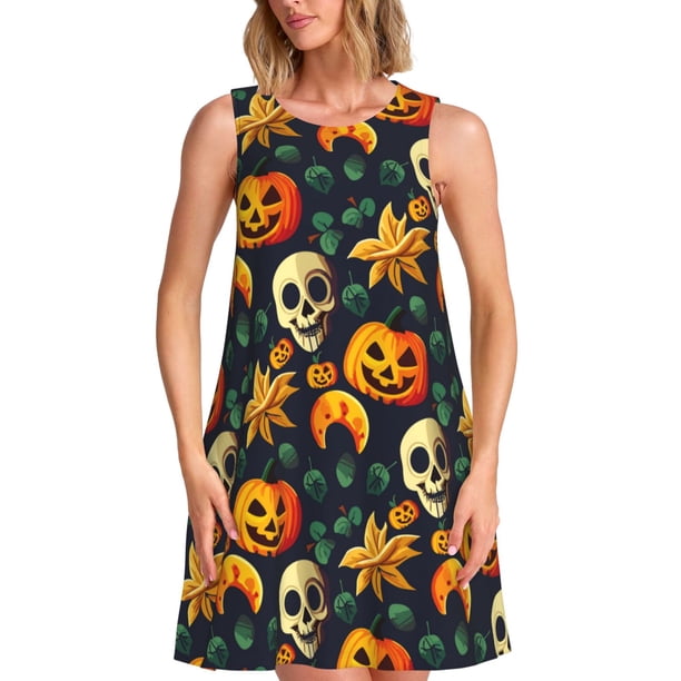Balery Halloween Skull Vestidos de verano para mujer con estampado: vestido holgado sin mangas, vestido playero informal y cómodo para días calurosos.