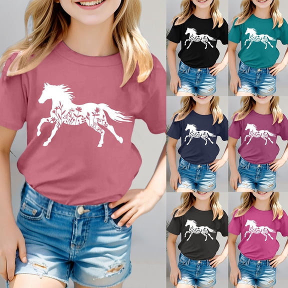 FUZHIQ Girls Short Sleeve T-Shirts Horse Print Round Neck Summer Tops Casual Cute Tees,3-4Years