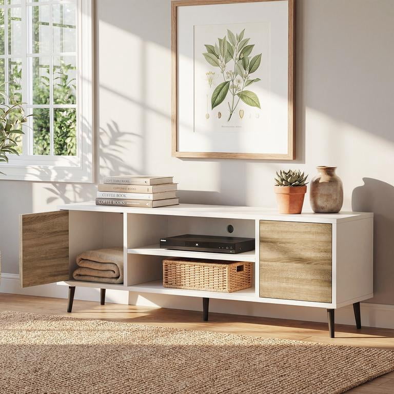 Lacoo 58'' TV Stands for TVs up to 65'', Entertainment Center with 2 Storage Cabinets & Adjustable Shelves, TV Media Console Table for Living Room, White