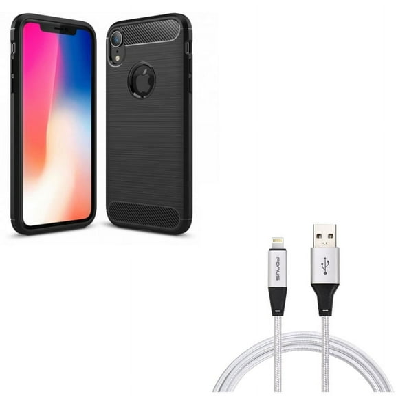 Case w 6ft USB Cable for iPhone XR - Carbon Fiber Slim Fit Cover Reinforced Bumper Shock Absorbent, Charger Cord Power Wire Braided Long Compatible With iPhone XR