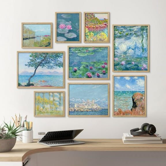 PixonSign Framed Canvas Print Wall Art Set - Monet Watercolor Water Lilies Poster Arts - Gallery Set of 9 Geometric Abstract Artistic Art Paintings Wall Décor for Home Decor - Natural