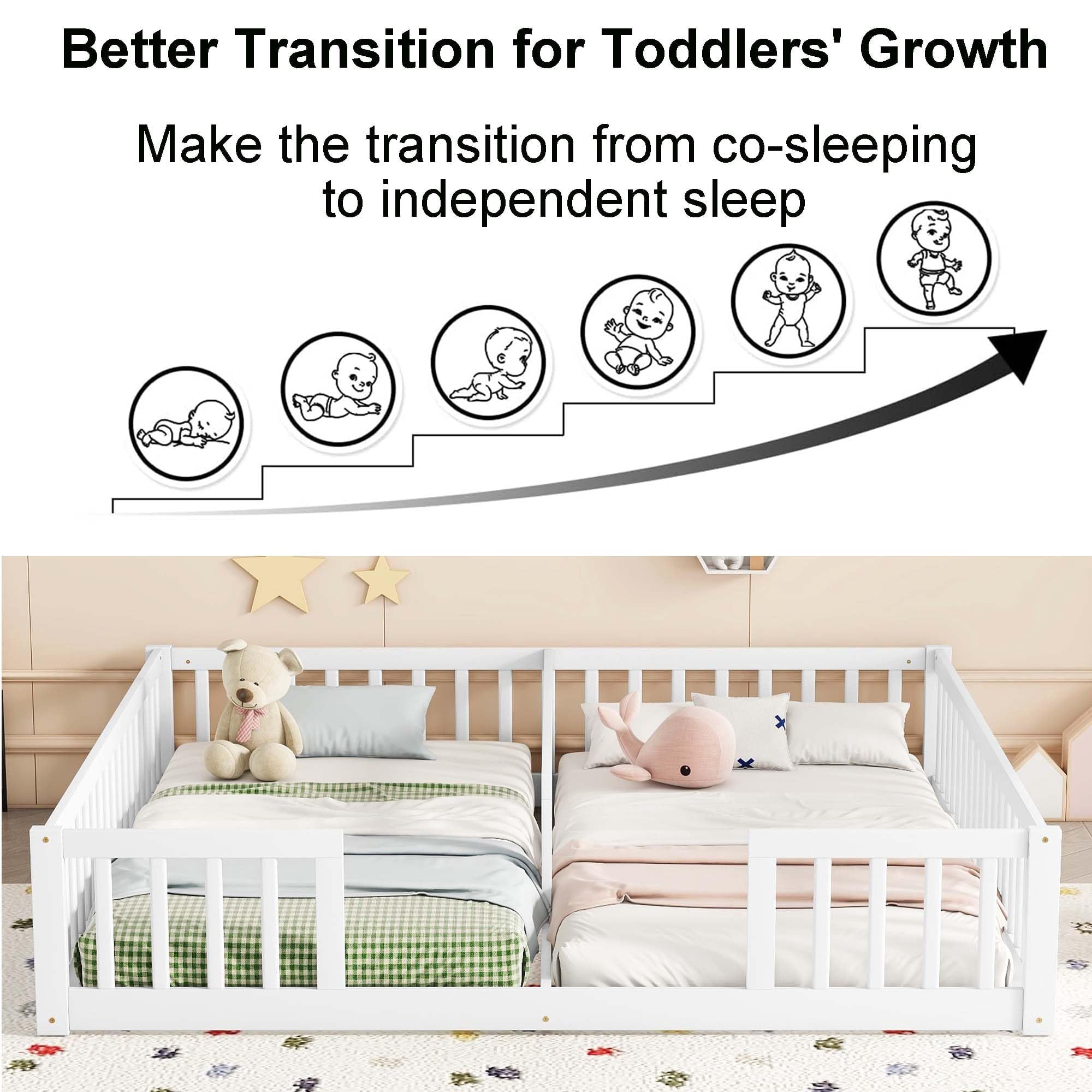 Twin Floor Bed for 2, Montessori Bed Frame with Fence, Wooden Double Floor Bed with Guardrails for Two Boys Girls, Box Spring Needed, White