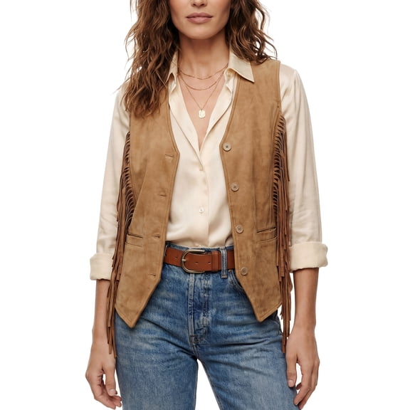 Jess by Meiko Women's Faux Suede Mini Vest Fringe Button Front Western Vest Brown XS