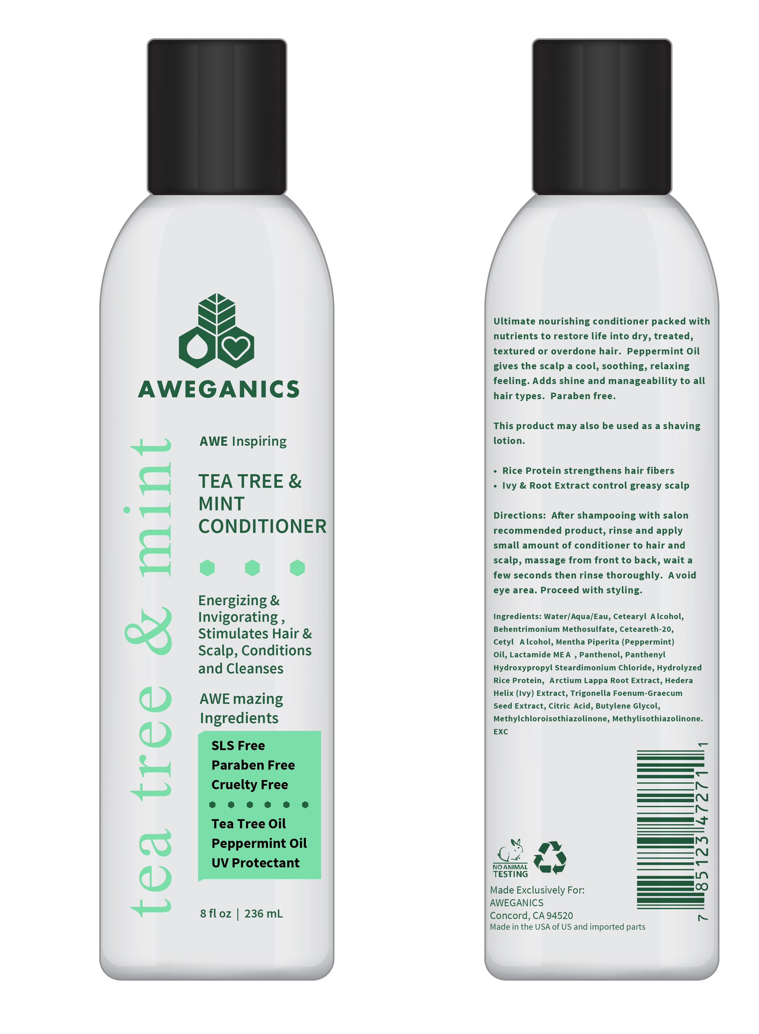 Aweganics Tea Tree Mint Conditioner AWE Inspiring Natural Aromatherapy Invigorating Peppermint