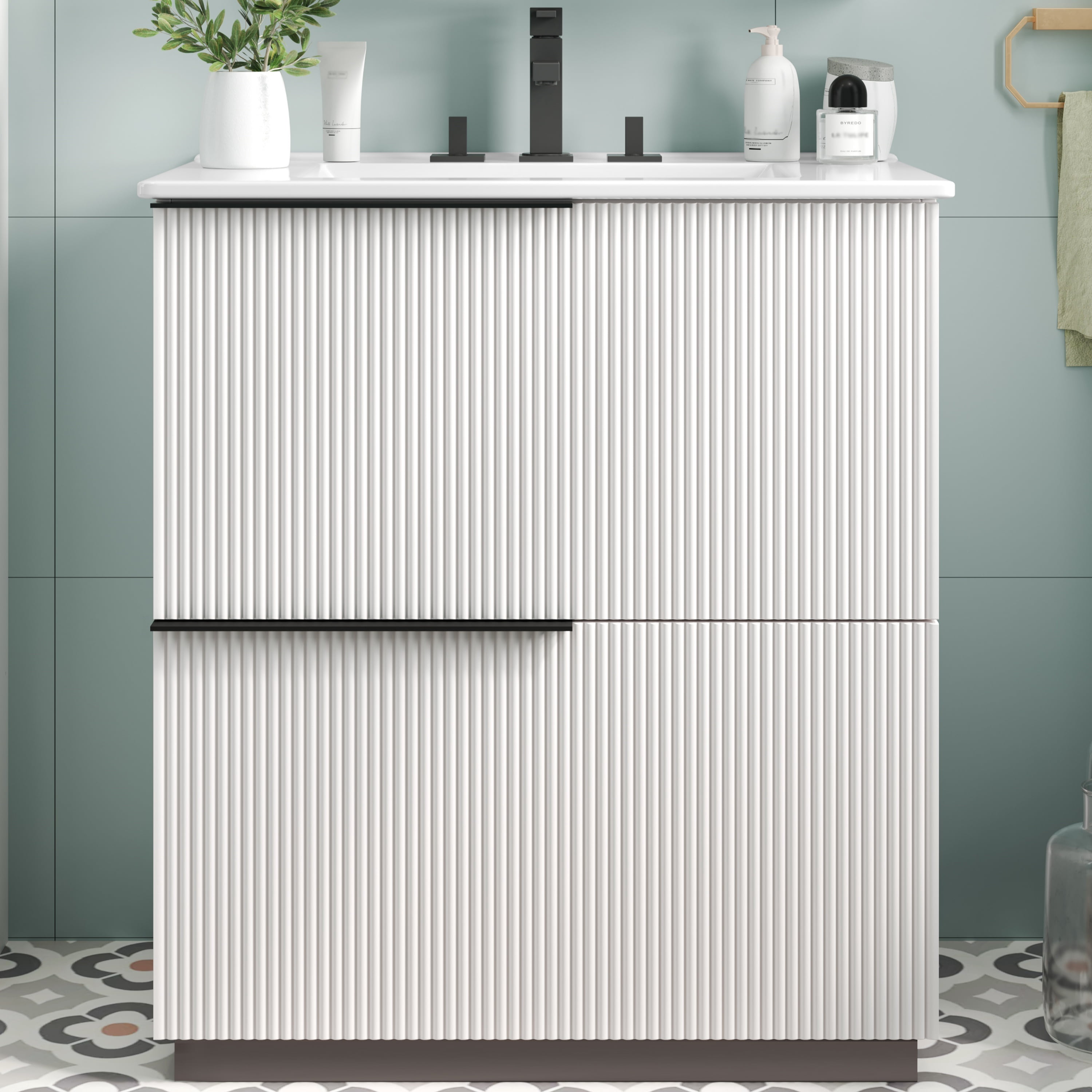 Euroco 30" Bathroom Vanity with Ceramic Sink and Full-Extension Drawers, Soft Close Undermount Drawer Slides, Fluted Design, White