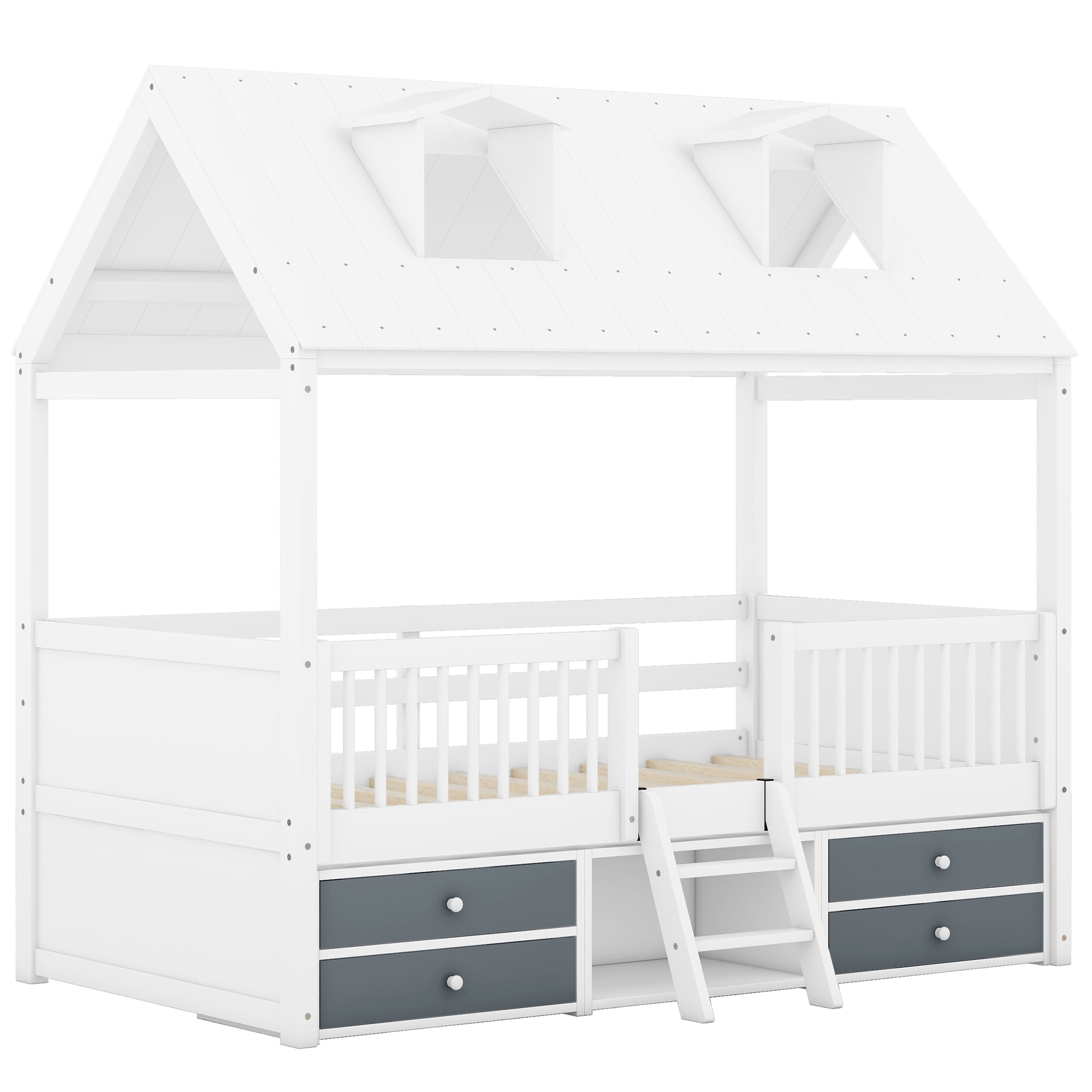 Harper & Bright Designs Twin Size Wood House Bed Frame with Fence and 4 Storage Drawers, Kids Playhouse Tent Bed with Roof and 2-step Ladder for Boys Girls Teens Bedroom, White