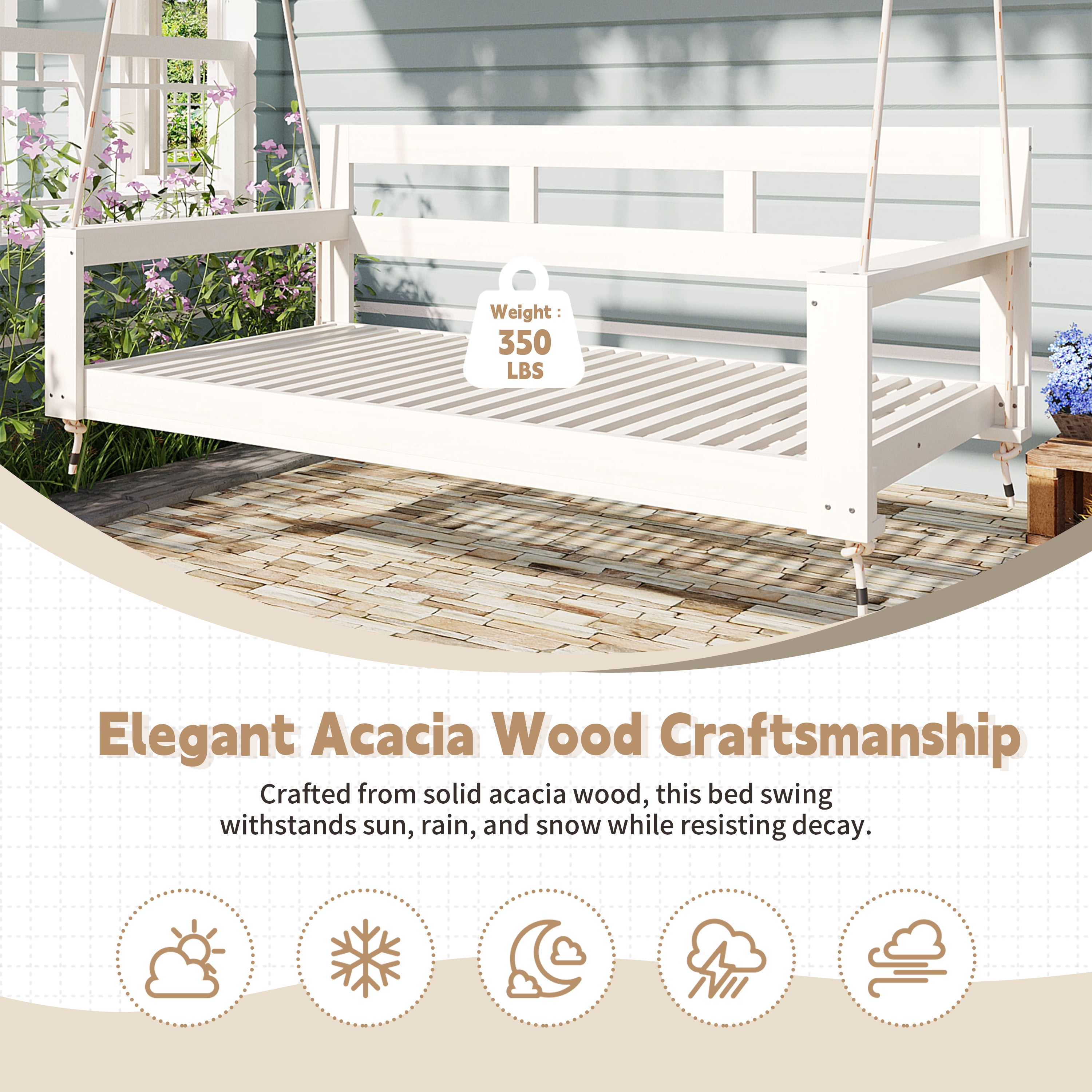 Euroco Acacia Wood Farmhouse Swing Bed with Hemp Rope Suspension, 350lbs Capacity, Twin Size, Easy Assembly, Cushions Not Included