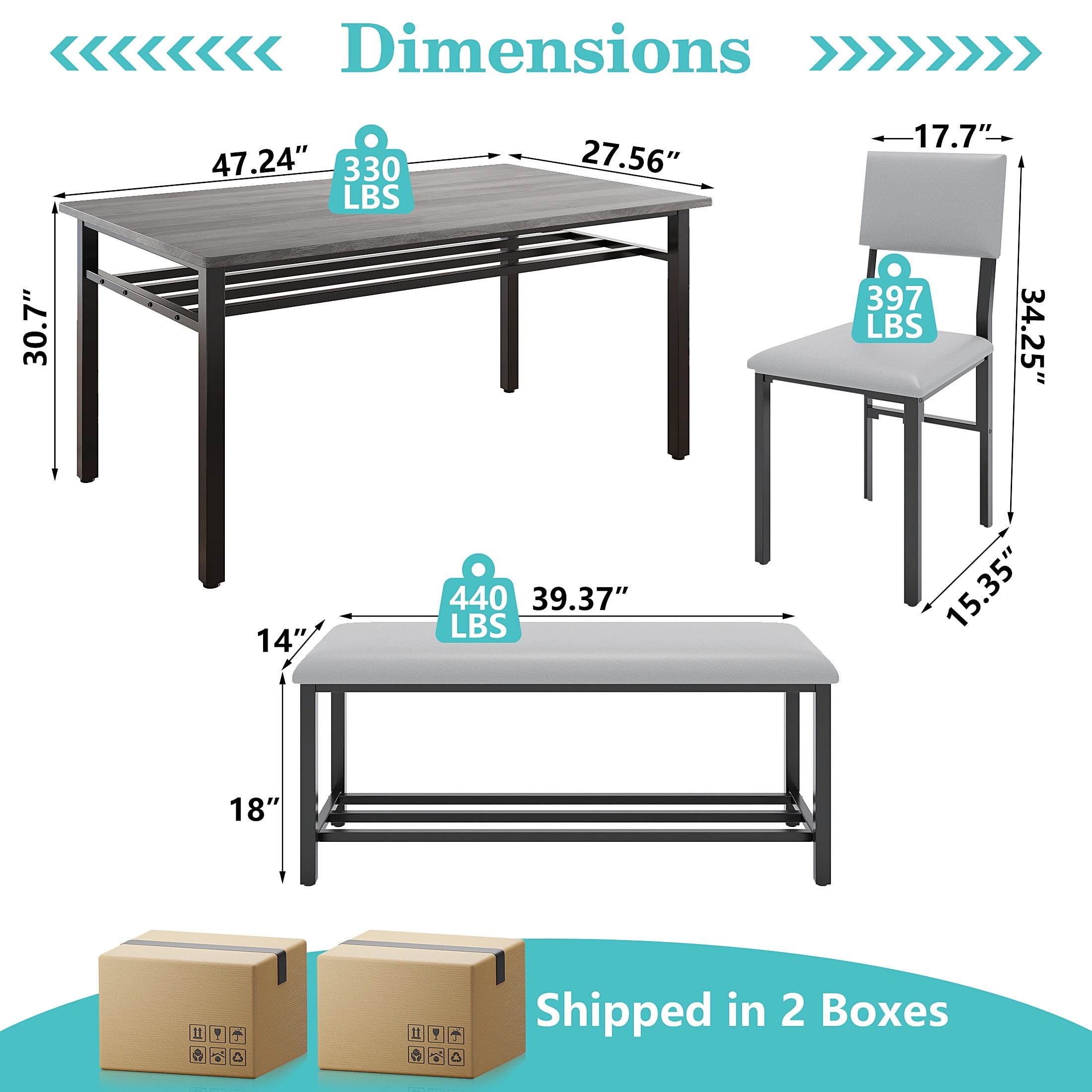 PORKISS Dining Table Set for 6, 6-Piece Dining Room Set with Wooden Table Top, PU Leather Upholstery Chairs and Bench, Kitchen Table and Chairs Set with Metal Frame Storage, Dinette Sets, Gray+Black