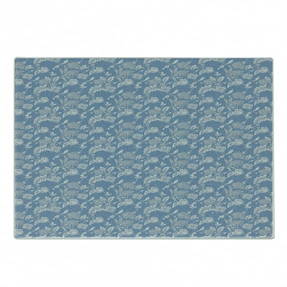 Blue and White Cutting Board, Illustration Flourishing Garden Flowers Pattern in Vintage Style, Decorative Tempered Glass Cutting and Serving Board, Small Size, Blue White, by Ambesonne