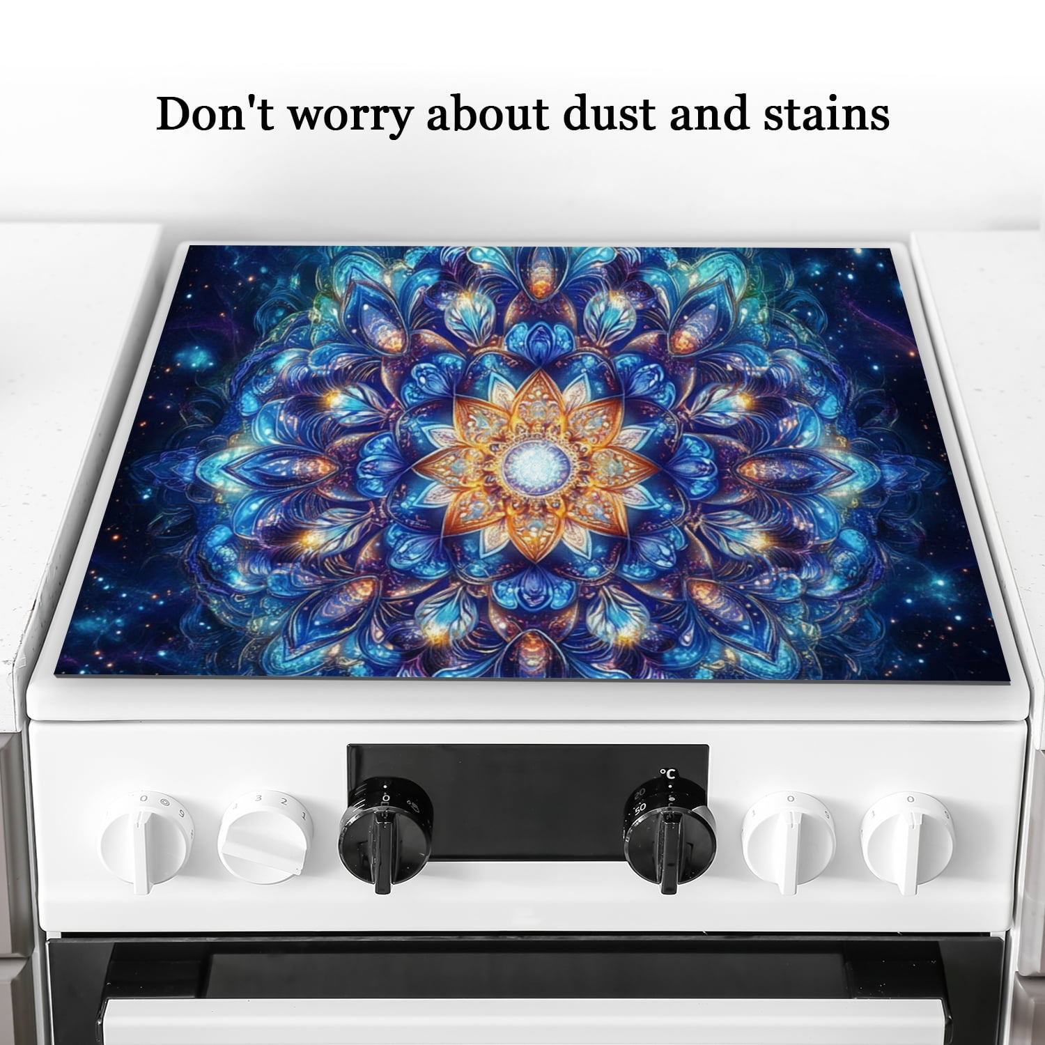 Square Stove Top Covers, Fantasy Blue Mandala Flower Heat Resistant Foldable Electric Stove Burner Covers, Glass Induction Stovetop Protector Mat for Kitchen RV (28×20 Inch)