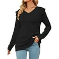 thumbnail image 3 of HUBERY Women Ruffled Spliced V Neck Long Sleeve Tunic Solid Color Pullover Top, 3 of 7