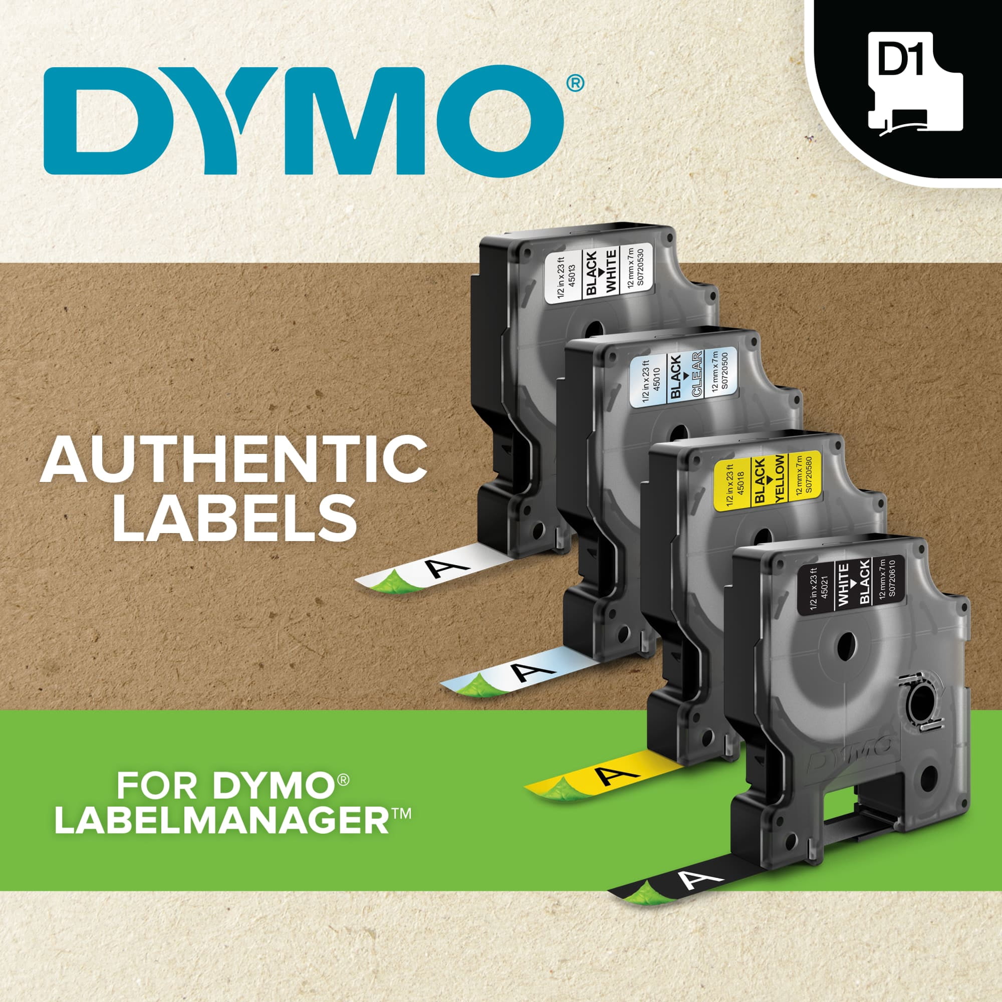 DYMO D1 Standard Labels for LabelManager Label Makers, 1/2-Inch x 23-Foot, Black Print on Clear Tape, Self-Adhesive, 1 Cartridge