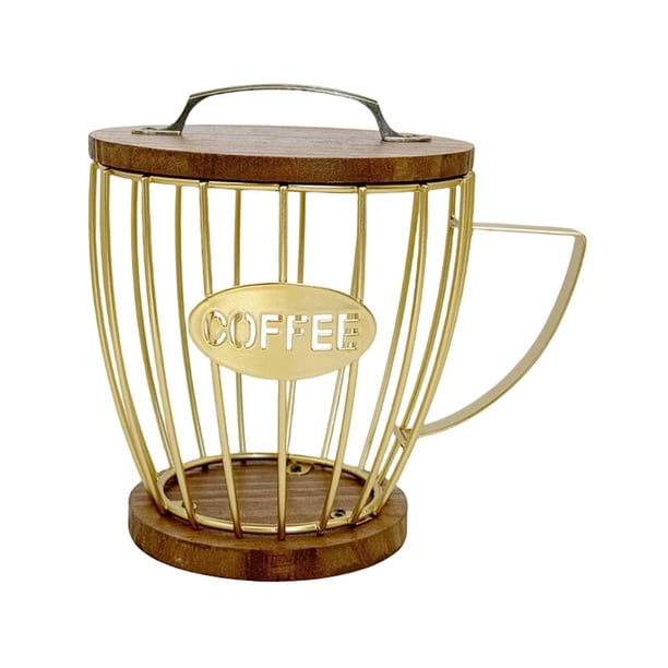 Contenedor para cápsulas de café con base de madera, organizador moderno de alambre de metal para almacenamiento Oro con tapa
