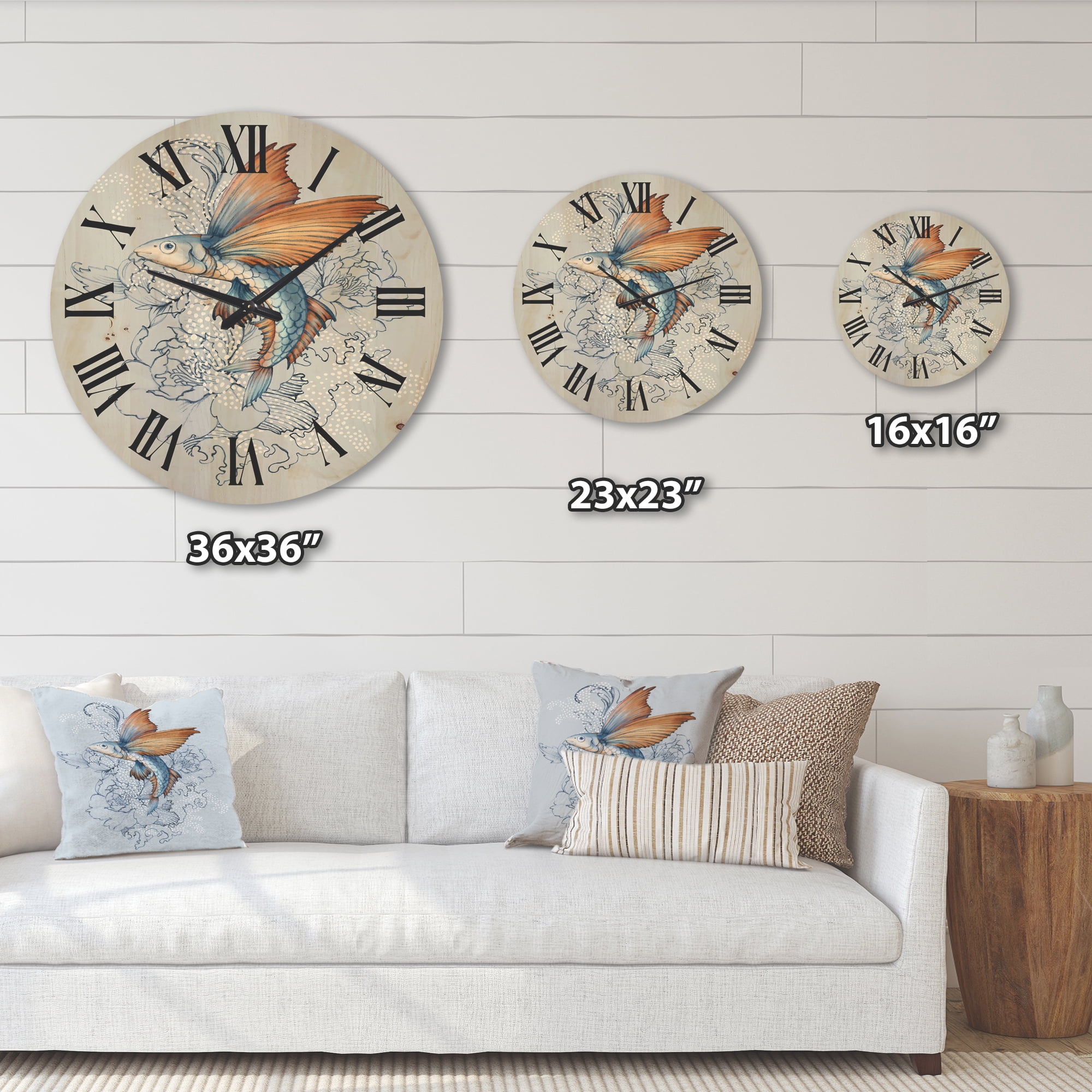 Designart 'Flying Fish and Peonies' Traditional Wood Wall Clock