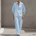 thumbnail image 4 of SBYOJLPB Women's Linen Summer Set Casual V-neck Top and Wide Leg Pants Set Two-piece Sets, 4 of 8