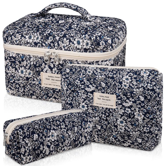 Set de bolsitas de maquillaje Gosect acolchadas, tamaño grande, estampado floral, algodón, color negro