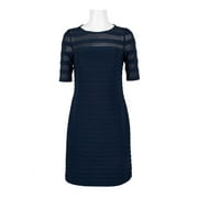 Adrianna Papell Crew Neck 3-4 Sleeve Illusion Ribbed Zipper Back Jersey Mesh Dress-BLUE MOON / 0