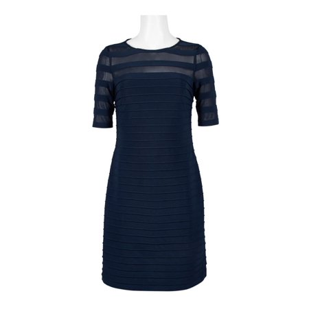 Adrianna Papell Crew Neck 3-4 Sleeve Illusion Ribbed Zipper Back Jersey Mesh Dress-BLUE MOON / 0
