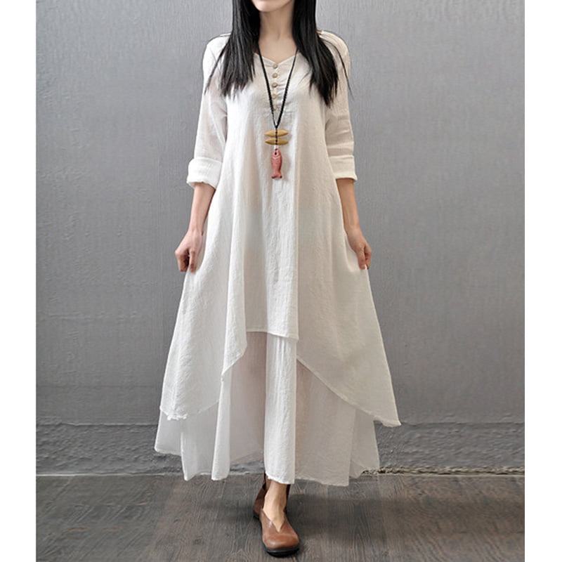 GenericWomen Fake Two Piece Linen Dress Spring Summer Plus Size Dress
