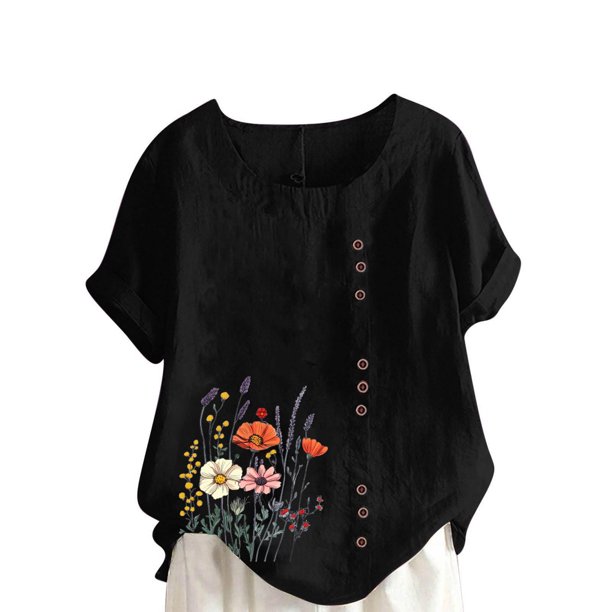 Vestidos Casuales Para Mujer, Blusas De Mujer De Moda Blusa informal de lino con cuello redondo, manga corta y botones para mujer