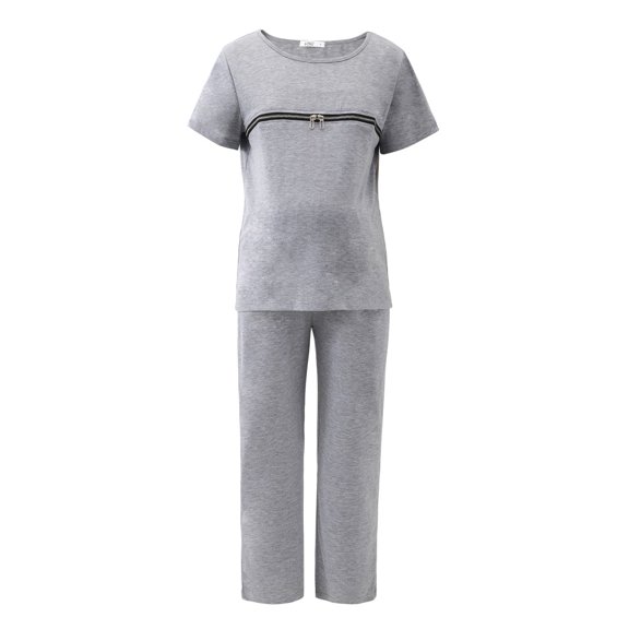 WBQ Women's Maternity Nursing Pajamas Set Zipper Breastfeeding Sleepwear Set Soft Short Sleeve Tops Pants 2 Piece Pregnancy Postpartum Pjs Set S-3XL
