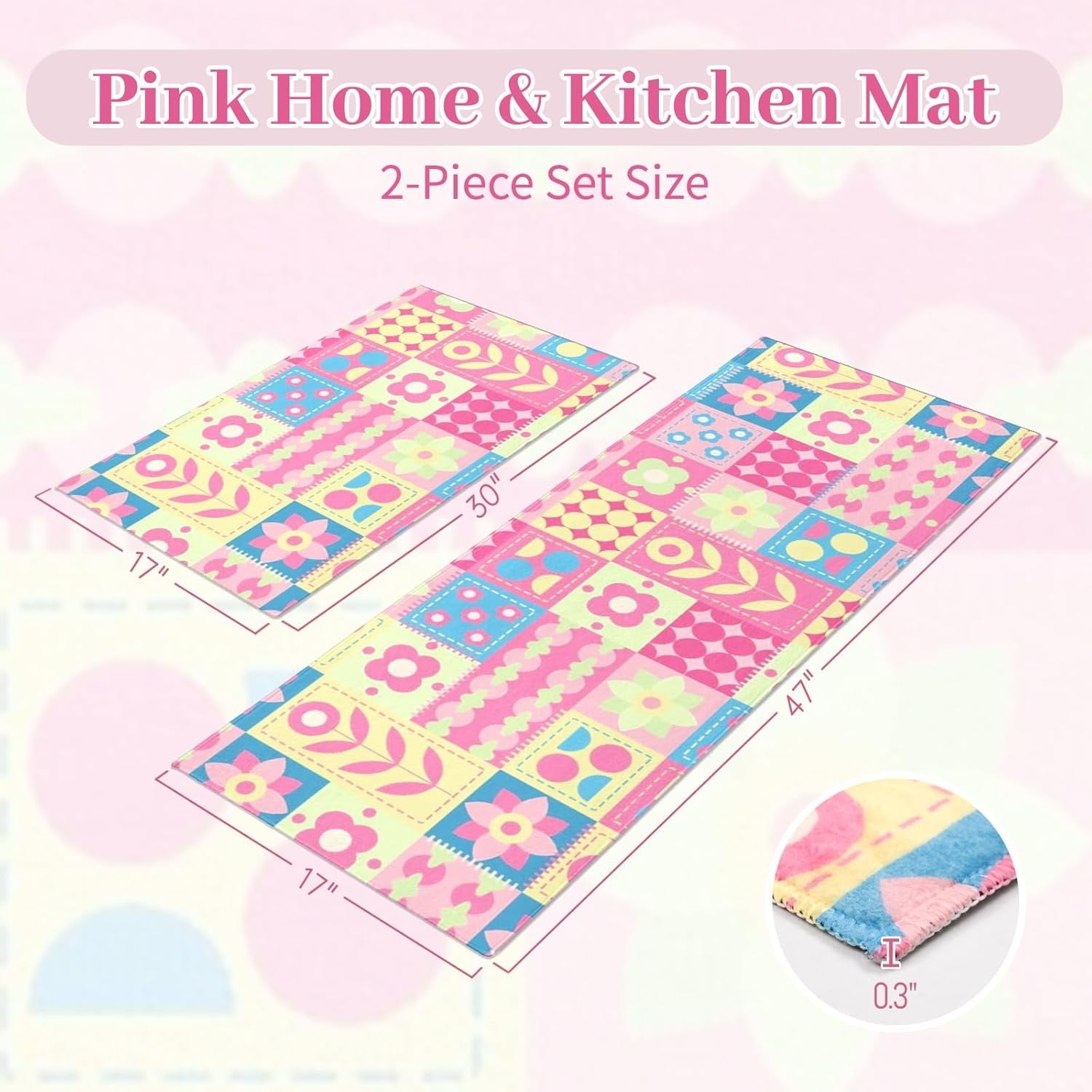 Colorful Cute Pink Kitchen Mats for Floor Set of 2, Geometry Yellow Floor Mat Carpet Runner Area Rug Washable, Pink Home Kitchen Decor and Accessories Stuff, 17x30 and 17x47 Inch