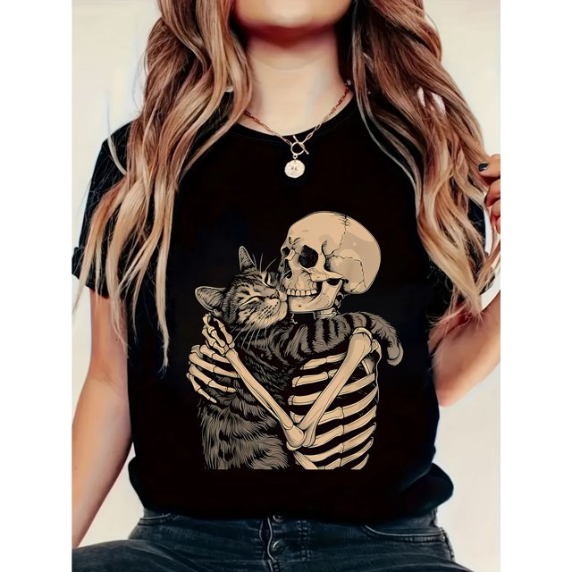 Women'S Cat & Skeleton Graphic Tee - Casual Crew Neck, Short Sleeve, Cool Summer T-Shirt with Whimsical Animal Print, Black, Casual Attire | Quirky Tshirt | Summer Fashion