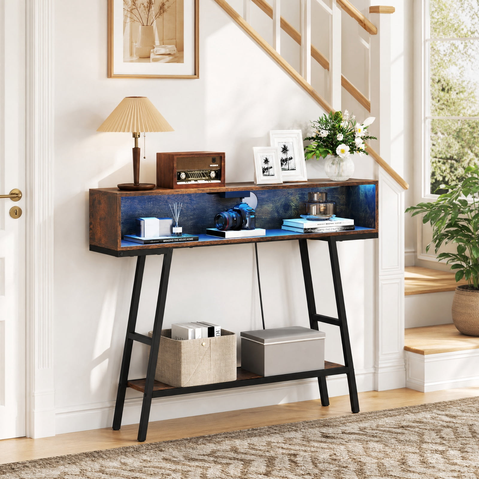 Furnibear 40 Inch Entryway Console Table with USB Type-C AC Charging Station and App Controlled RGB LED Lights for Hallway, Rustic Brown