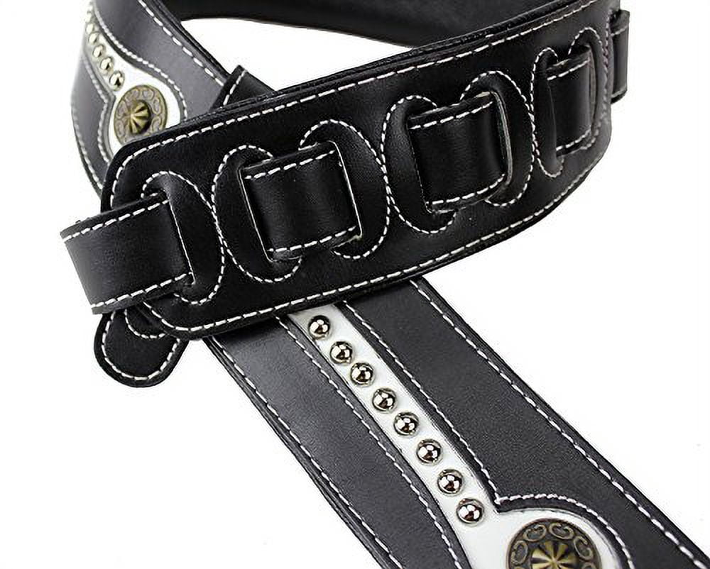 Walker & Williams Black & White Top Grain Leather Guitar Strap with Chrome and Brass Metal Studs