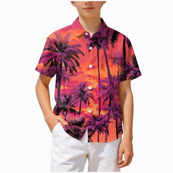 CAICJ98 Boy's Button Down Hawaiian Shirt Kids Short Sleeve Summer Beach Hawaiian Shirts for Boys (Orange,13-14 Years)