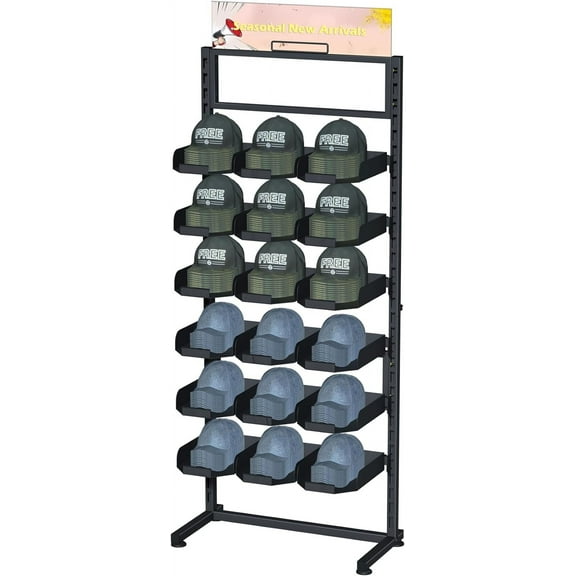 Large Hat Rack Stand - 6 Tier Adjustable Ball Cap Storage Organizer With 18 Plate Tray for 180 Baseball Hat,Standing Coat Rack, Commercial Home Use, Black Metal