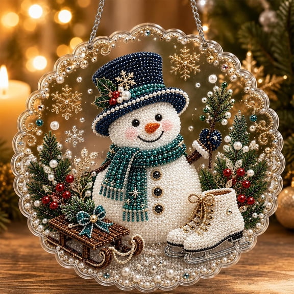 Christmas Pearl Diamond Art Ornaments, Snowman Pearl Art (Style 8, 12in) | 3D Mixed-Size Pearls and Complete DIY Craft, Round Acrylic Sign with Lace Edges for Windows, Trees, Walls and Holiday Gifts