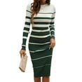 thumbnail image 2 of Female Fashion Striped Dress Long Sleeve Crew Neck Bodycon Midi Ribbed Knit Slim Fit Sweater Dress Green M, 2 of 7