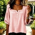 thumbnail image 4 of Edvintorg Plus Size Womens Tops Plaid Square Neck Casual Pullover Shirt Lightweight 3/4 Sleeve Loose Blouse with Button Clothes Women Pink XXL, 4 of 5