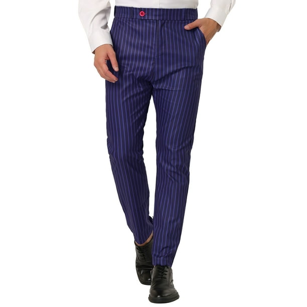 Pantalones de vestir a rayas para hombre, ajustados, con parte delantera plana, para baile de graduación Azul marino 34 Unique Bargains Pantalones