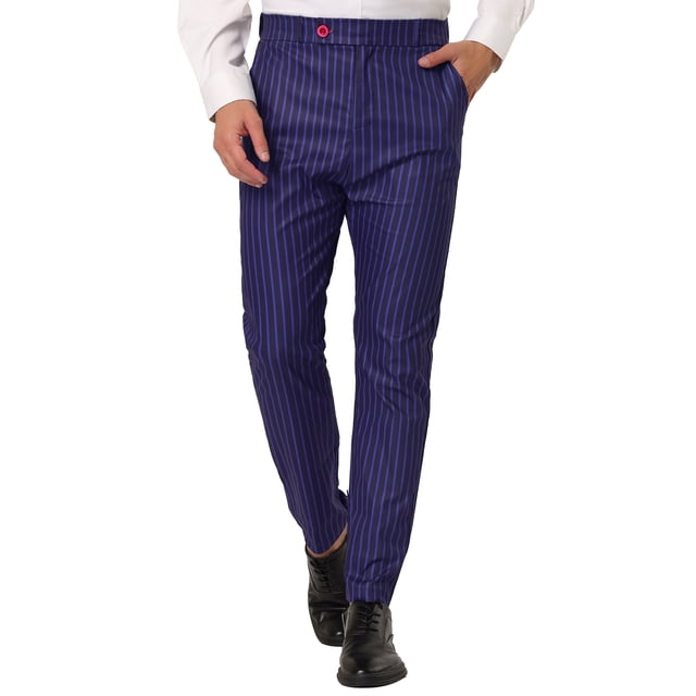 Pantalones de vestir a rayas para hombre, ajustados, con parte delantera plana, para baile de graduación Azul marino 30 Unique Bargains Pantalones