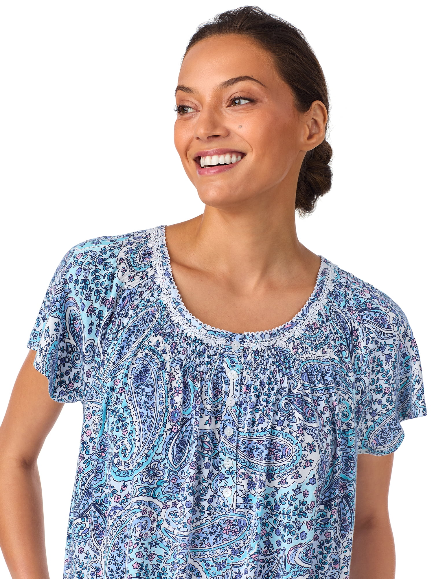 Aria Women's 100% Cotton Raglan Sleeve Smocked Neck 40" Sleepwear Gown, Sizes XS-5X