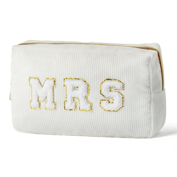 Belanttega 1Pcs MRS Letter Patches White Corduroy Makeup Bag - Elegant Cosmetic Case for Women, Travel Toiletry Pouch, Organizer for Brushes, Makeup, & Accessories