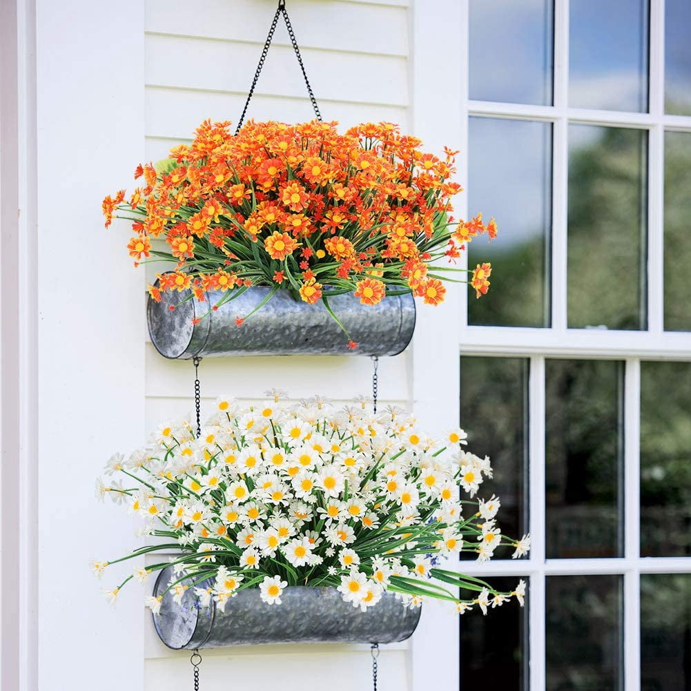 6 Bundles Outdoor Artificial Daisies Fake Flowers UV Resistant Shrubs, Faux Plastic Greenery for Indoor Outside Hanging Plants Garden Porch Window Box Home Wedding Farmhouse Decor (White)