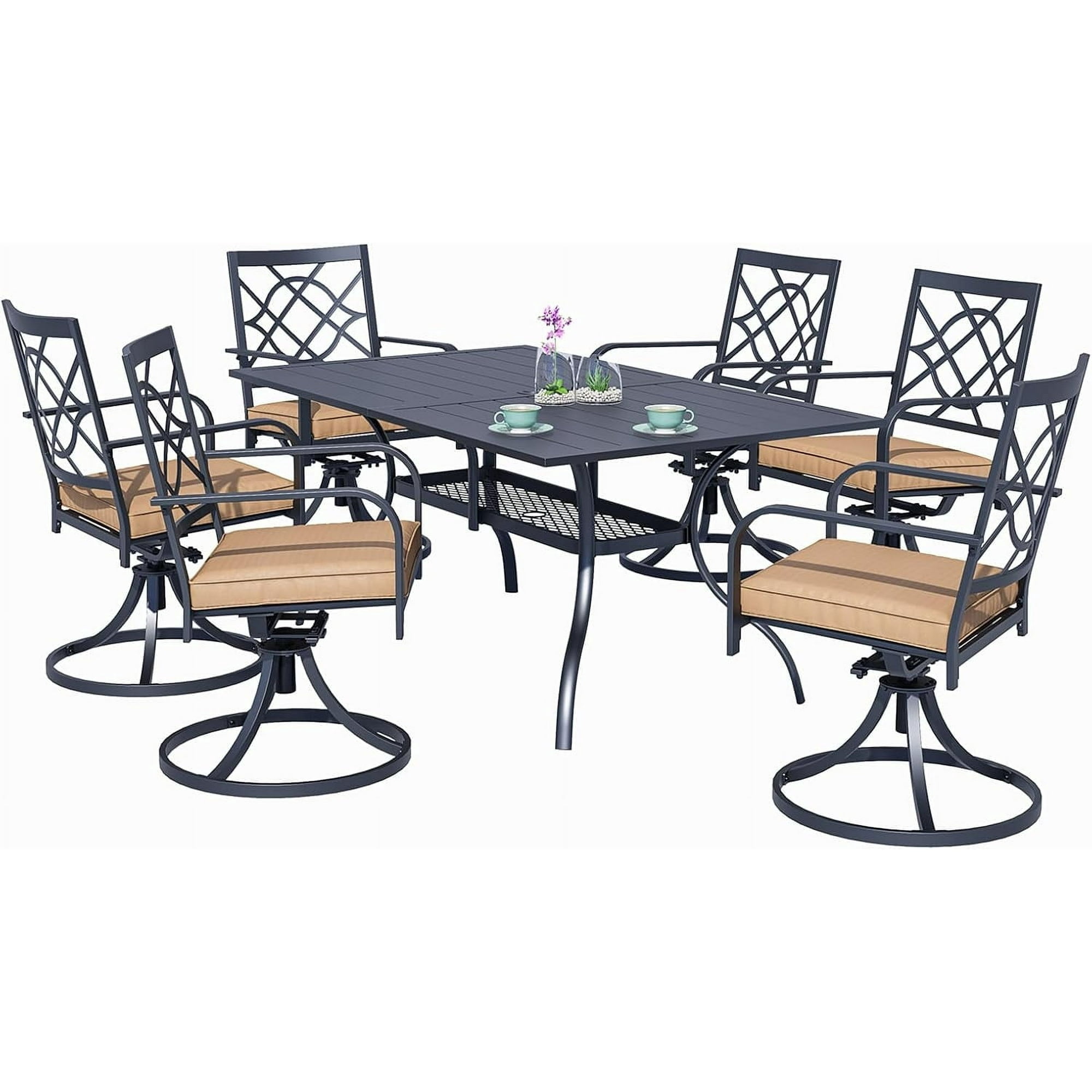 SOLAURA 7 Piece Outdoor Patio Dining Set, Metal Furniture Set: Rectangular Dining Table with Umbrella Holes & 6 Swivel Chairs for Backyard, Garden, Balcony
