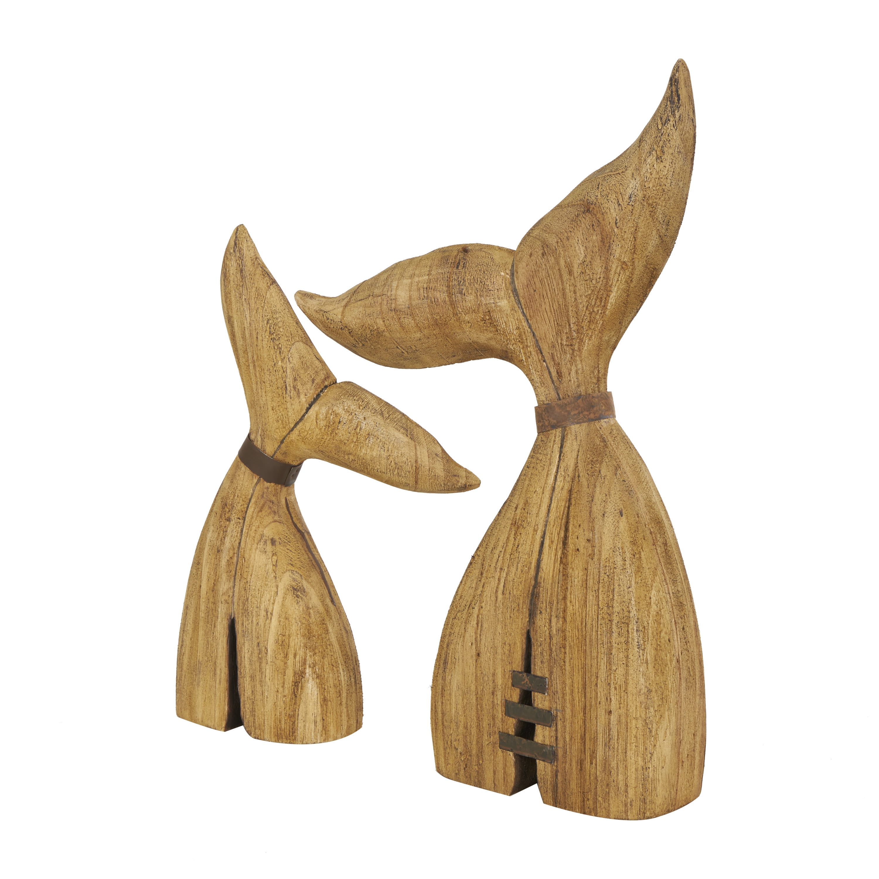 17", 13"H Brown Wood Handmade Tail Whale Sculpture with Metal Band Accents, by DecMode (2 Count)