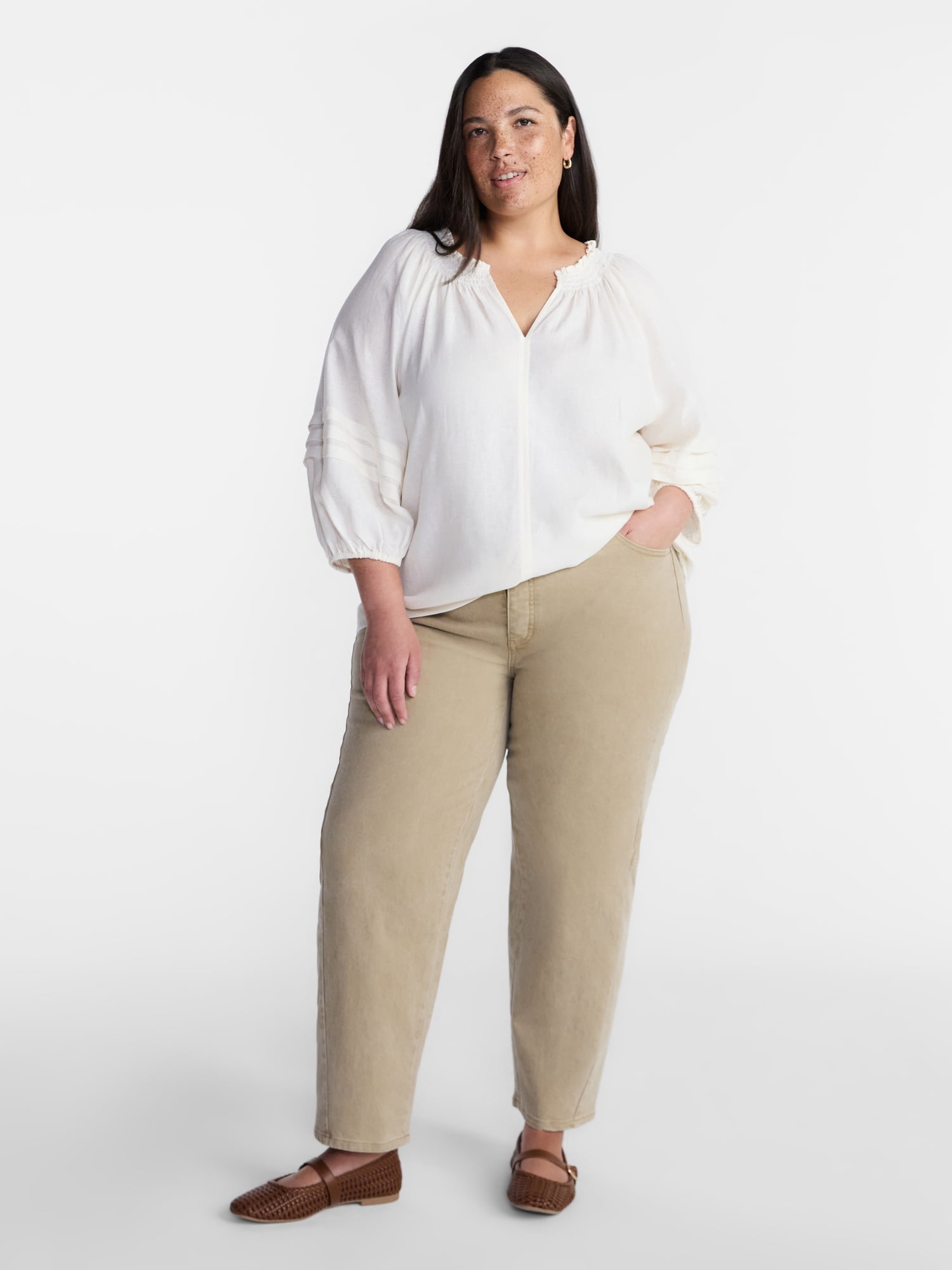 Terra & Sky Women’s Plus Linen Blend Blouse with Elbow Length Puff Sleeves, Sizes 0X-5X