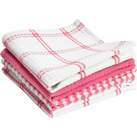 Premium Waffle Dish Cloths: Highly Absorbent, Super Soft Long Lasting - 100% Cotton, 12"x13" Flat Waffle Dish Towel for Cleaning & Drying Dishes, (4-Pack), Pink