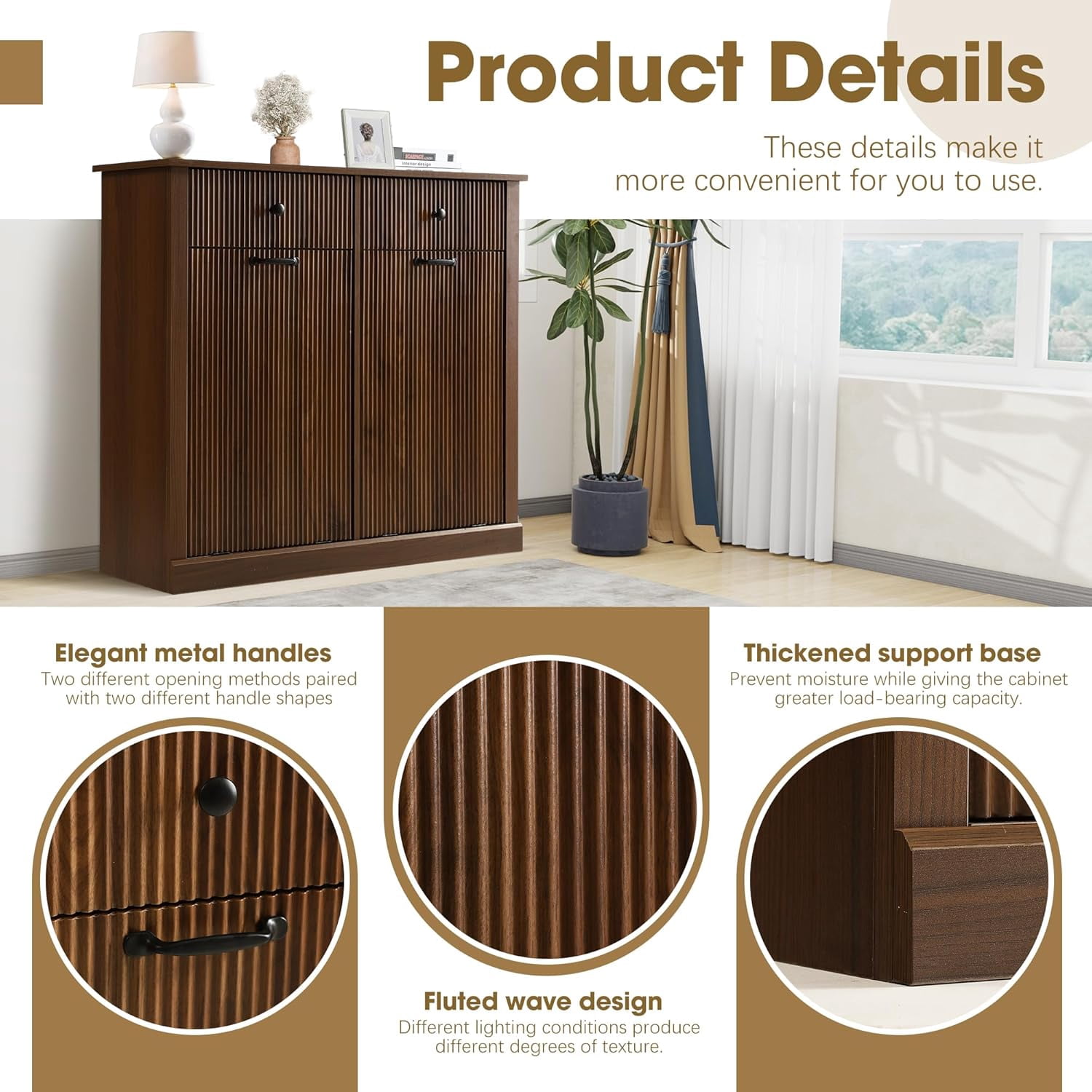 Magic Union Tilt Out Fluted Laundry Hamper Cabinet, 22 Gallon Double Hidden Laundry Hamper, Wooden Trash Can Cabinets with 2 Drawers, Modern Garbage Can Cabinet for Bathroom, Kitchen