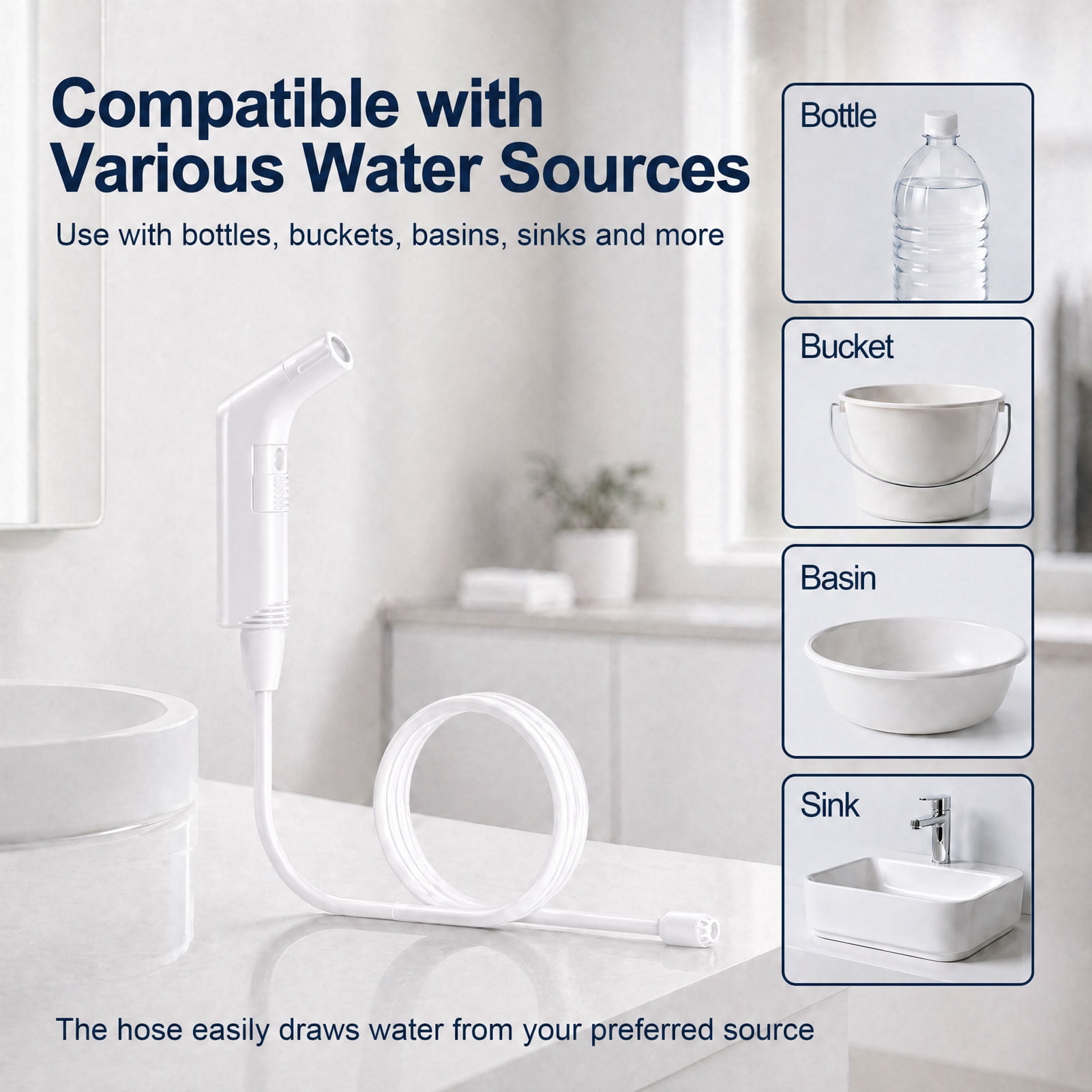 WOWER Rechargeable Portable Bidet with 2 Spray Modes, 800mAh Battery and 2M Hose, Handheld Personal Hygiene Sprayer for Travel, Camping & Postpartum Care